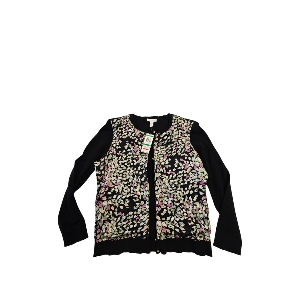 Charter Club Womens Floral Mixed Media Cardigan Sweater Black Gold Button L NEW